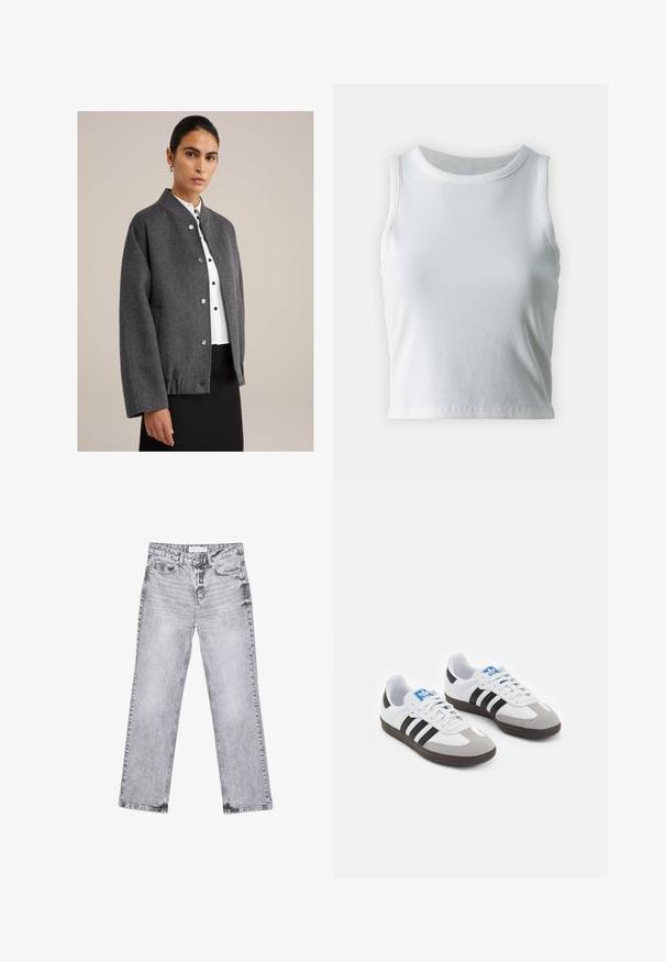 Grå ulljacka med rund krage, tryckknappar, sänkt axel och sidofickor. Bärs över en vit blus och svart kjol.; Vit ribbad linne med rund halsringning och ärmlös design, med en rak nederkant och en smidig, elastisk textur.; Grå denimjeans med rak benpassform, slitna detaljer, fem fickor och kopparnitar. Midjan har en logotagg.; Sportskor med överdel i vit läder, grå mocka på tårna och tre svarta ränder. Har en blå logotyp på tungan och en texturerad gummisula.