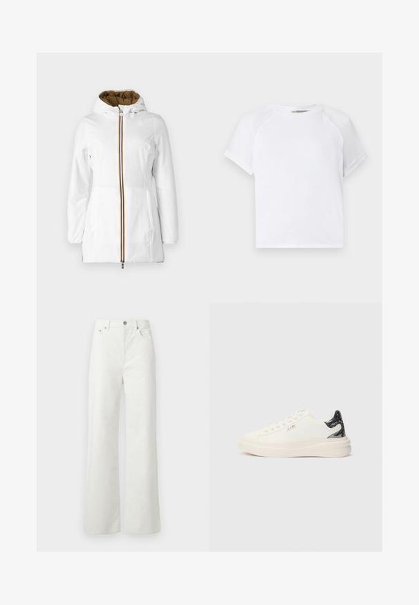 K-Way DENISE WARM DOUBLE - Párka - white/brown; Fehér pamut póló kerek nyakkivágással, rövid raglán ujjal és lazább szabással. Sima textúrájú, látható minták vagy díszítések nélkül.; Samsøe Samsøe SHELLY - Laza szabású farmerek - clear cream; Fehér, alacsony szárú sportcipő, fűzős elejű, vastag talppal, fekete kígyóbőr mintázattal a sarkán, és fémes "GUESS" logóval az oldalán.