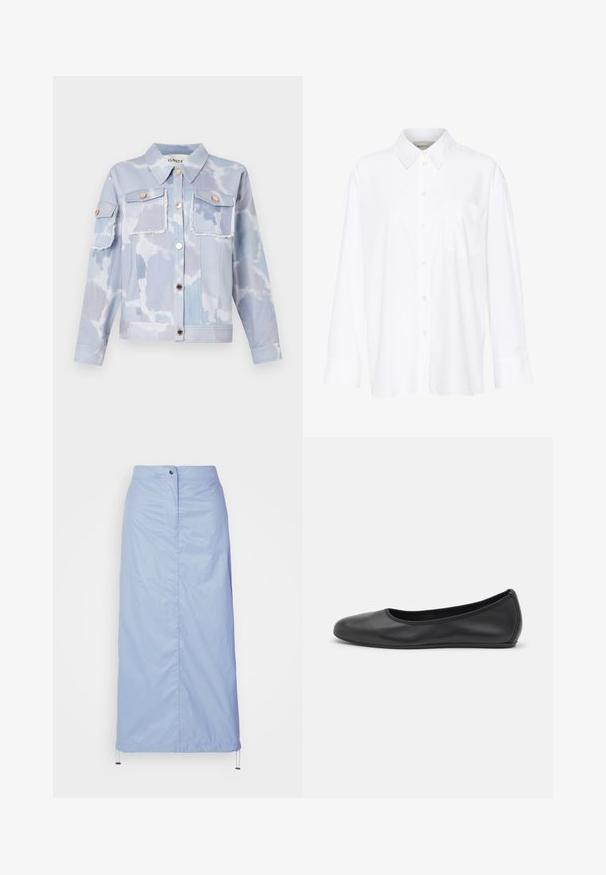 Chaqueta de mezclilla azul claro con un patrón de nubes, dos bolsillos frontales, botones en tono dorado y detalles deshilachados en el dobladillo. Mangas largas con puños abotonados.; Camisa blanca de manga larga y cuello hecha de algodón. Presenta un cierre de botones en la parte delantera y un bolsillo en el pecho. Textura suave, ajuste relajado.; Falda de longitud media en azul claro, hecha de material suave y ligero, con corte recto, presenta un cierre delantero de botones y dobladillo con cordón.; Bailarina de piel negra con punta redondeada, textura suave, detalle de costura minimalista y diseño de suela flexible.