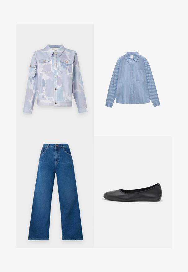 Vaaleansininen farkkutakki, jossa on pilvimäinen kuvio, kaksi etutaskua, kultaiset napit ja revitty helma. Pitkät hihat nappikiinnityksellä.; Sininen raidallinen pitkähihainen paita napitettavalla edellä, perinteinen kaulus ja yksi rintatasku. Kevyt kangas, jossa rento istuvuus.; Jortsit leveällä lahkeella tummansinisestä denimistä, korkealla vyötäröllä, etu- ja takataskuilla sekä kontrastivärisillä ompeluilla.; Musta nahkainen ballerina, jossa on pyöristetty kärki, sileä pinta, minimaalinen ommelkoristelu ja joustava pohjamuotoilu.