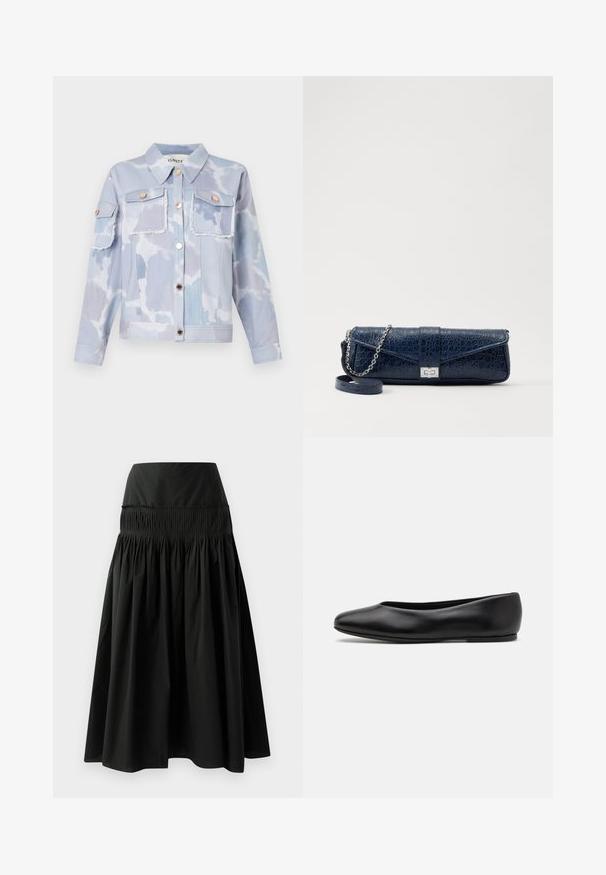 Light blue denim jacket featuring a clouds pattern, two front pockets, gold-tone buttons, and frayed hem details. Long sleeves with buttoned cuffs.; Satin camisole in beige with lace detailing at the neckline, featuring thin adjustable straps and a smooth, glossy texture.; Black knee-length skirt made of smooth fabric, featuring a fitted waistband and gathered design for fullness.; Paul Smith TOPANGA - Ballet pumps - black; Navy blue leather clutch with a crocodile texture, silver chain strap, and metallic clasp. Rectangular shape with foldover design.