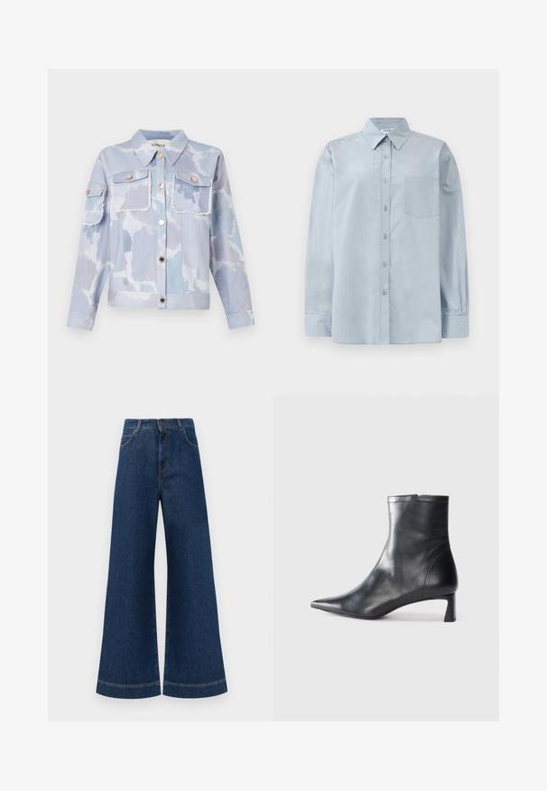 Jaqueta de ganga azul clara com padrão de nuvens, duas bolsos frontais, botões dourados e detalhes na bainha desfiada. Mangas longas com punhos abotoados.; Camisa azul claro de manga longa, com colarinho pontudo e bolso no peito, disposta em cima de um fundo branco.; Jeans azul de perna larga com cintura alta, apresentando um fecho de botão, passantes para cinto e detalhes de costura discretos ao longo dos bolsos e das bainhas.; Bota de tornozelo em pele preta com biqueira apontada e um design elegante. Apresenta um salto baixo e um fecho com zipper na parte de trás. Textura suave.