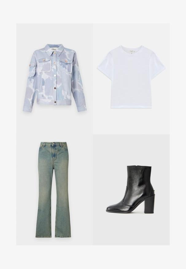 Svijetloplava traper jakna s uzorkom oblaka, dva prednja džepa, zlatnim gumbima i izrezbarenim detaljima na rubu. Duge rukave s manžetama na gumb.; Bijela skraćena majica od mekog pamuka, s okruglim izrezom i kratkim rukavima, blago opuštenog kroja. Bez uzoraka ili detalja.; Svijetloplave traperflare traperice s visokim strukom, pet džepova i zatvaračem. Čista, izblijedjela završna obrada s suptilnim detaljima šivanja.; Crna kožna čizma do gležnjeva s glatkom teksturom, špicastim vrhom i debelim visokim potpeticama. Ima bočni otvor i minimalistički dizajn.