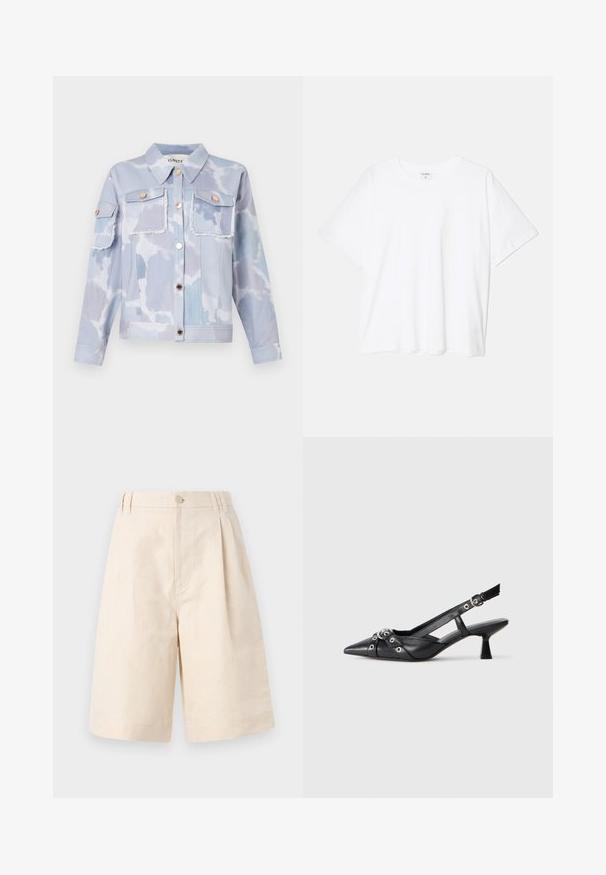 Vaaleansininen farkkutakki, jossa on pilvimäinen kuvio, kaksi etutaskua, kultaiset napit ja revitty helma. Pitkät hihat nappikiinnityksellä.; Valkoinen puuvillapaita lyhyillä hihoilla, pyöreällä pääntiellä, rentoa tyyliä ja ommeltu helma. Tunniste näkyvissä sisäkauluksessa.; Beige lakanashortsit rentossa istuvuudessa, joissa on nappikiinnitys, laskostettu muotoilu ja polvipituus. Suora tekstuuri ja yksinkertainen tyyli.; Mustat nahkakengät, joissa on avonainen takaosa ja kärjessä terävä muoto, koristevyöt, joissa on metalliset reiät, sekä matala lohkoepohja. Teksturoitu pinta.