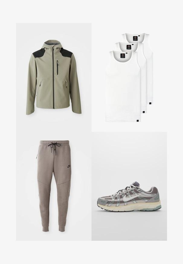 Hellgraue Jacke mit Kapuze, schwarzen Schulterakzenten, Reißverschluss-Taschen auf der Brust und an den Seiten, strukturiertem Design und glatter Textur.; Drei weiße, gerippte Tanktops aus Baumwolle. Merkmale einen Rundhalsausschnitt und kleine schwarze Etiketten am Saum. In mehreren Größen erhältlich.; Graue Nike-Sweatpants mit einem Kordelzugbund, schmal zulaufenden Beinen, seitlichen Taschen und auffälliger Nahtgestaltung. Weicher, strukturiert Stoff.; Grauer Sportschuh mit einem Obermaterial aus Mesh und Wildleder, weißen Akzenten, einer gepolsterten Sohle und einem charakteristischen Design mit reflektierenden Elementen.