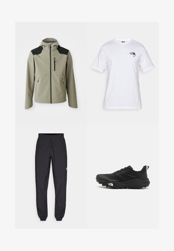 Lichtgrijze jas met capuchon, zwarte schouderaccenten, met rits afgesloten borst- en zijzakken, gestructureerd ontwerp en soepele textuur.; The North Face EXPLORE CARABINER RELAXED TEE UNISEX - T-shirt print - white; Zwarte sportieve broek gemaakt van lichtgewicht stof, met een trekkoord in de taille, zijzakken en taps toelopende boorden bij de enkels.; Zwarte trailrunning schoen met een gestructureerde bovenkant, rubberen zool en versterkte neus. Voorzien van een gevoerde kraag en een trekhaak voor eenvoudig aan- en uittrekken.