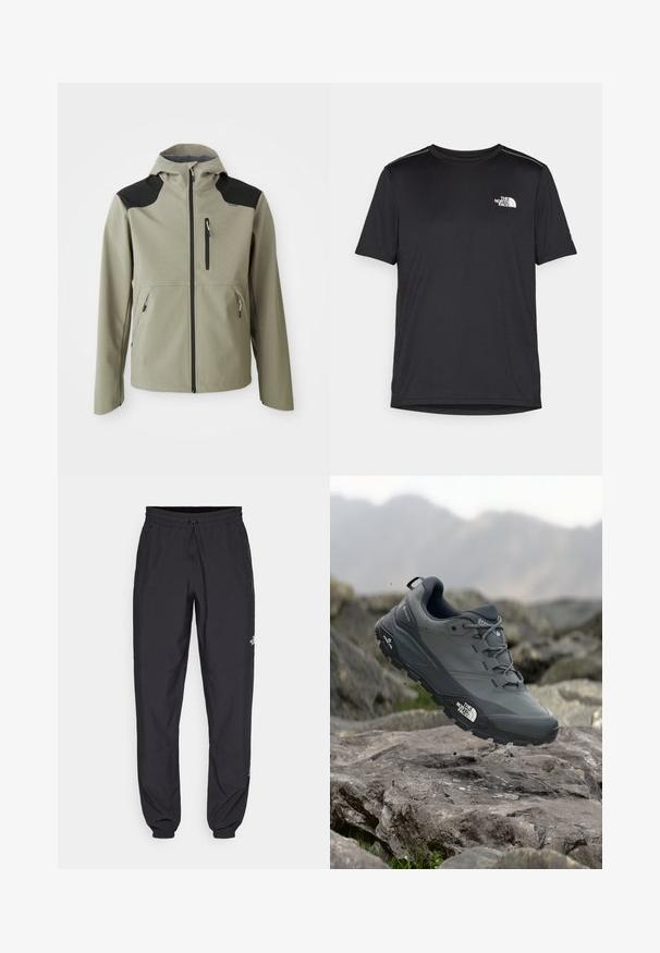 Light gray jacket with a hood, black shoulder accents, zippered chest and side pockets, structured design, and smooth texture.; Black short-sleeve T-shirt made from lightweight fabric. Features a small white logo on the left chest and subtle shoulder accents.; Black athletic pants made from lightweight fabric, featuring a drawstring waistband, side pockets, and tapered cuffs at the ankles.; Grey trail running shoe with a textured upper, durable rubber sole, and reinforced toe cap. Features laces and brand logo on the side.