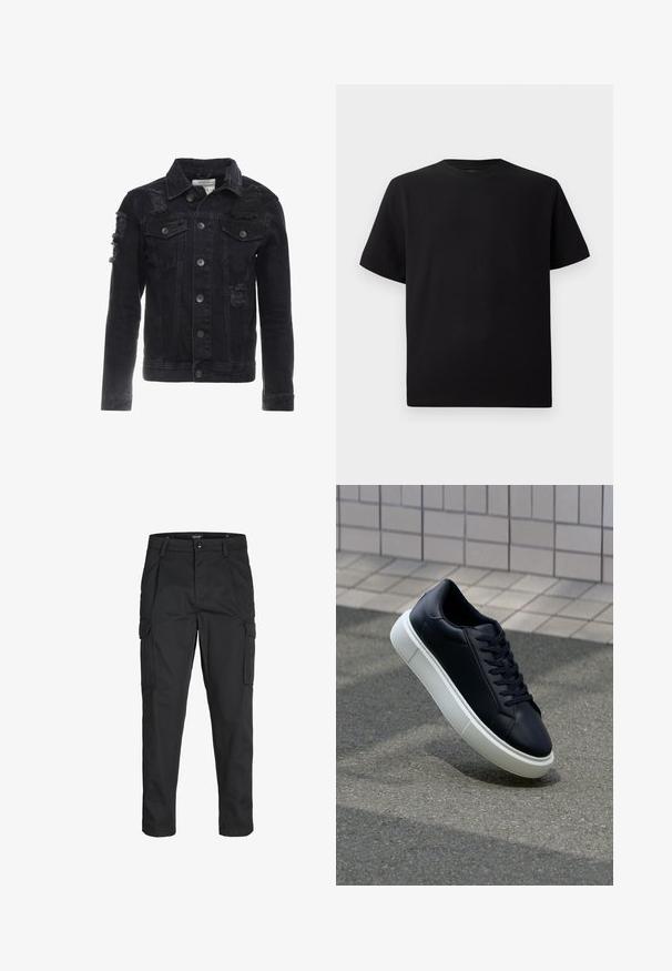 Black denim jacket featuring distressed accents, buttons on the front, two chest pockets, and a classic collar design.; Black short-sleeve T-shirt made of textured fabric, featuring a round neckline and a relaxed fit. Simple, no patterns or accents.; Black cargo pants made of sturdy fabric, featuring multiple pockets, a button closure, and a slim fit design with tapered legs.; Black leather sneaker with rounded toe and white rubber sole. Features flat laces and minimal stitching on the upper. Textured sole for grip.