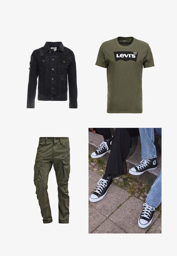 Veste en denim noir avec des accents en détresse, des boutons sur le devant, deux poches poitrine et un design de col classique.; T-shirt en coton vert olive avec un grand logo noir Levi's sur le devant. Col rond classique et manches courtes, texture lisse.; Pantalons cargo vert olive en coton résistant. Dotés de plusieurs poches, d'une poche latérale zippée et de jambes fuselées avec une finition légèrement texturée.; Baskets montantes en toile noires avec semelles et lacets en caoutchouc blancs, arborant un logo circulaire sur le côté et associées à un jean et un pantalon noir.
