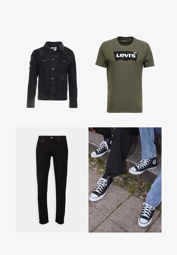 Black denim jacket featuring distressed accents, buttons on the front, two chest pockets, and a classic collar design.; Olive green cotton t-shirt featuring a large black Levi's logo on the front. Classic crewneck and short sleeves, smooth texture.; Black jeans made from denim with a slim fit, five-pocket design, and metal hardware accents, featuring a classic button and zipper closure.; Black high-top canvas sneakers with white rubber soles and laces, featuring a circular logo on the side and paired with denim and black pants.