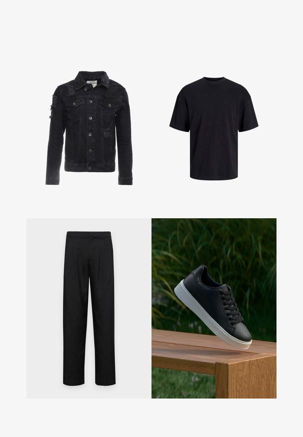 Crna traper jakna s istrošenim detaljima, dugmadi sprijeda, dva džepa na prsima i klasičnim ovratnikom.; Crna pamučna majica s okruglim izrezom, kratkim rukavima i opuštenim krojem. Glatka tekstura bez vidljivih uzoraka ili dekoracija.; Crne hlače od glatkog materijala, s dizajnom ravnih nogavica, dva prednja nabora i standardnim pojasom s petljama za remen.; Crne kožne tenisice s glatkom teksturom, bijelim gumeni potplat i šest rupica za vezice, izložene na drvenoj površini.