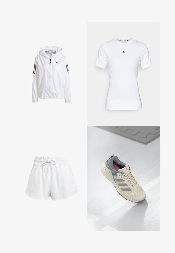 Veste légère blanche avec capuche, dotée d'une fermeture éclair à l'avant et de trois rayures noires sur chaque manche. Texture lisse, design athlétique.; T-shirt de sport blanc à manches courtes, fabriqué en tissu lisse et extensible. Doté d'un petit logo noir Adidas sur la poitrine.; Shorts de sport blancs avec une taille élastique et un cordon de serrage réglable. Fabriqués en matériau léger, ils sont dotés de poches latérales et d'une coupe ample.; Baskets de sport beiges avec des accents gris, tige en maille et semelle texturée. Comprend trois bandes grises et des détails intérieurs roses.