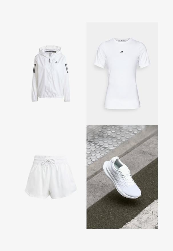 Veste légère blanche avec capuche, dotée d'une fermeture éclair à l'avant et de trois rayures noires sur chaque manche. Texture lisse, design athlétique.; T-shirt de sport blanc à manches courtes, fabriqué en tissu lisse et extensible. Doté d'un petit logo noir Adidas sur la poitrine.; Shorts de sport blancs avec une taille élastique et un cordon de serrage réglable. Fabriqués en matériau léger, ils sont dotés de poches latérales et d'une coupe ample.; Baskets blanches de sport avec une tige en maille, un design à lacets et une semelle texturée. Marquage subtil et détails de construction sans coutures visibles.