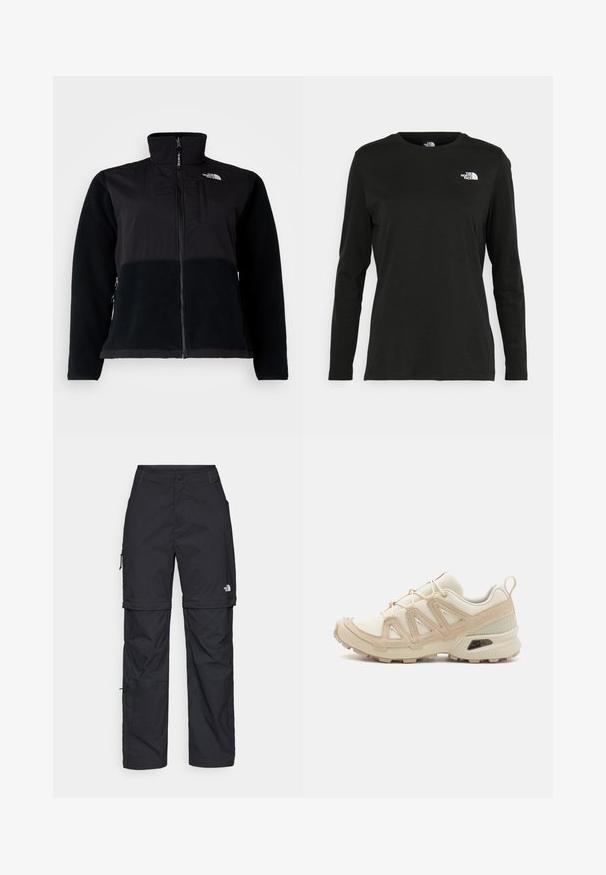 Black jacket featuring a combination of smooth fabric and textured fleece. High collar, zip closure, and side pockets are visible.; Black long-sleeve t-shirt made of cotton with a round neck. Features a small white logo on the left chest area. Simple design and fit.; Black nylon zip-off cargo trousers with adjustable cuffs, multiple pockets, and a logo on the right leg. Smooth, lightweight texture.; Beige and cream athletic shoe with textured mesh upper, supportive overlays, and rubber outsole featuring a tread pattern for traction.