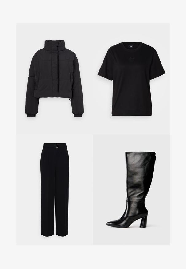 Jachetă puffer neagră, cropped, cu guler înalt, care prezintă secțiuni matlasate, manșete elastice și un mic logo pe piept.; T-shirt negru din bumbac, cu guler rotund, mâneci scurte și un logo brodat pe piept. Design simplu, cu o croială relaxată și fără modele.; Pantaloni negri, ajustați, cu o siluetă largă, având un brâu cu o cataramă argintie, pliuri și o textură de țesătură netedă.; Cizme negre din piele până la genunchi, cu vârf ascuțit, textură netedă și toc robust. Include un detaliu cu fermoar la spate.