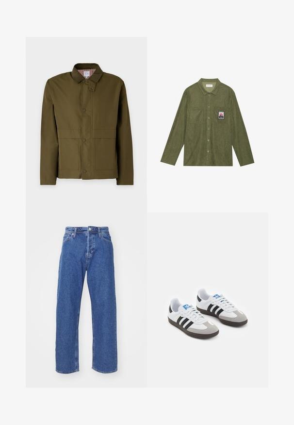 Olive green jacket with a corduroy collar, snap buttons, two front pockets, and a checkered inner lining. Classic, structured design.; Olive green corduroy shirt with long sleeves, button closure, two chest pockets, and a mountain graphic patch on the left pocket.; Blue denim jeans with a straight leg design, featuring a button and zipper fly, five-pocket style, and minimal stitching details.; Sport shoes with a white leather upper, gray suede toe, and three black stripes. Features a blue logo on the tongue and a textured rubber sole.