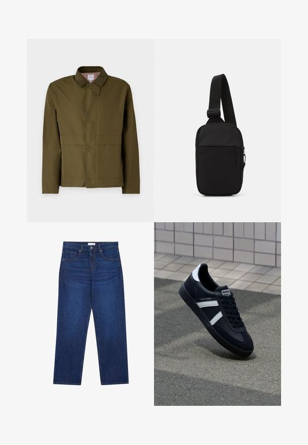 Olivově zelená bunda s manšestrovým límcem, patentními knoflíky, dvěma předními kapsami a kostkovanou vnitřní podšívkou. Klasický, strukturovaný design.; Tři bezrukávové trička v šedé, bílé a černé barvě. Měkký bavlněný materiál s kulatým výstřihem a uvolněným střihem. Jednoduchý design, žádné vzory.; Džínové kalhoty v tmavě modré barvě se střihem rovného nohavice, s knoflíkovým a zipovým zapínáním, pěti kapsami a viditelnými švy.; Černé kožené tenisky s bílými pruhy, texturovanou gumovou podrážkou a šněrováním vpředu. Obsahují značenou etiketu na jazyku.; Černá crossbody taška vyrobená z odolné tkaniny, s jedním nastavitelným popruhem, zapínacím hlavním oddělením a přední kapsou.