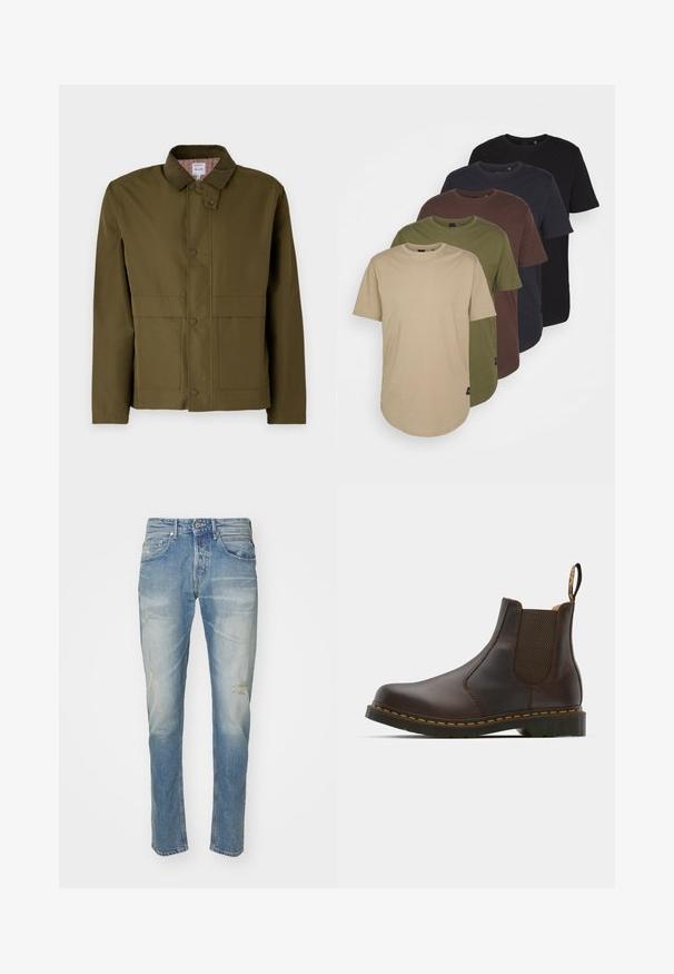 Casaco verde-oliva com colarinho de courpuró, botões de pressão, dois bolsos frontais e forro xadrez. Design clássico e estruturado.; Cinco t-shirts dispostas em cores em gradiente: bege, oliva, castanho, azul escuro e preto. Feitas de algodão macio com mangas curtas e gola redonda.; Jeans de ganga azul claro com acabamento desbotado, ligeira desgaste nos joelhos, design de perna reta, estilo de cinco bolsos e fecho de botão metálico.; Bota Chelsea de couro castanho com painéis laterais elásticos, salto texturizado e costura amarela em contraste. Apresenta uma alça para facilitar o calçar.