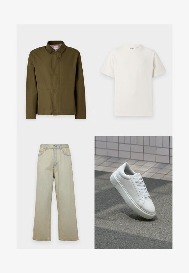 Olive green jacket with a corduroy collar, snap buttons, two front pockets, and a checkered inner lining. Classic, structured design.; White short-sleeve T-shirt in a ribbed texture. Round neckline, relaxed fit, no visible patterns or accents. Simple and versatile design.; Light blue wide-leg jeans made of denim with a faded finish. Features five pockets and a front button closure.; White leather sneaker with a smooth surface, round toe, and flat white laces. Features a textured rubber sole and minimal design elements.