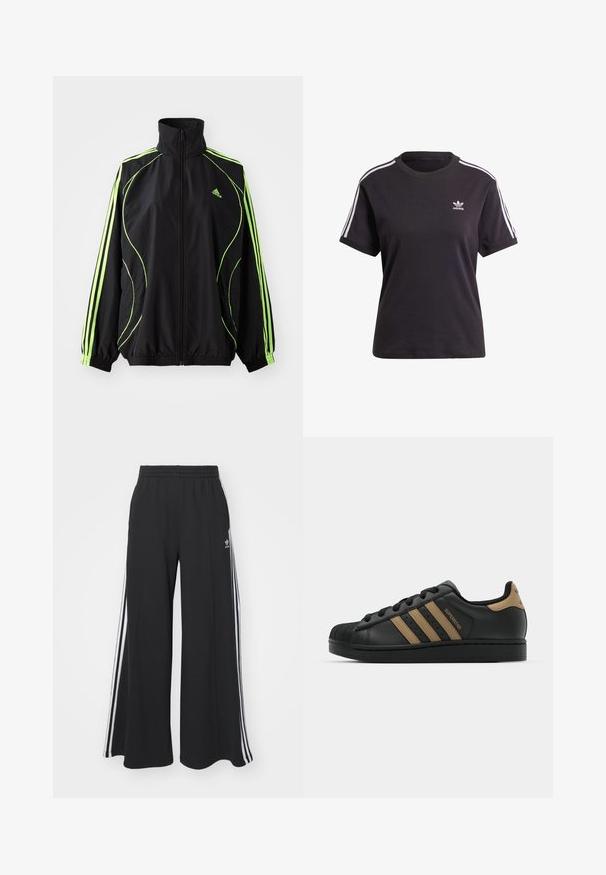 adidas Originals TEAMGEIST ADICOLOR - Lengva striukė - black/signal green; Juodas medvilninis trumpa rankovėmis marškinėliai su apvalia iškirpte, su baltais dryžiais ant pečių ir maža balta Adidas logo ant krūtinės.; Juodos plačios kojų džinsinės kelnės su elastingu juosmeniu, turinčios baltas šonines juosteles ir išsiuvinėtą logotipą kairiajame šlaunyje.; Juoda odinė sportinė avalynė su trimis rudos spalvos juostelėmis, tekstūruotu gumuotu pirštų gaubtu, raišteliais priekyje ir plokščiu juodu padu. Yra subtilus logotipas ant kulno.