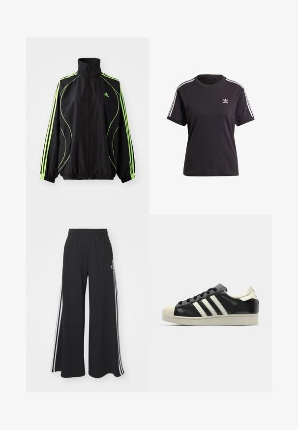 adidas Originals TEAMGEIST ADICOLOR - Casaco leve - black/signal green; T-shirt preto de algodão de mangas curtas com gola redonda, apresentando riscas brancas nos ombros e um pequeno logotipo branco da Adidas no peito.; Calças de suor largas e pretas com uma cintura elástica, apresentando riscas brancas nas laterais e um logótipo bordado na coxa esquerda.; Sapatilha de couro preto com riscas brancas, biqueira de borracha, atacadores pretos e sola na cor creme. Textura suave com acabamento brilhante.