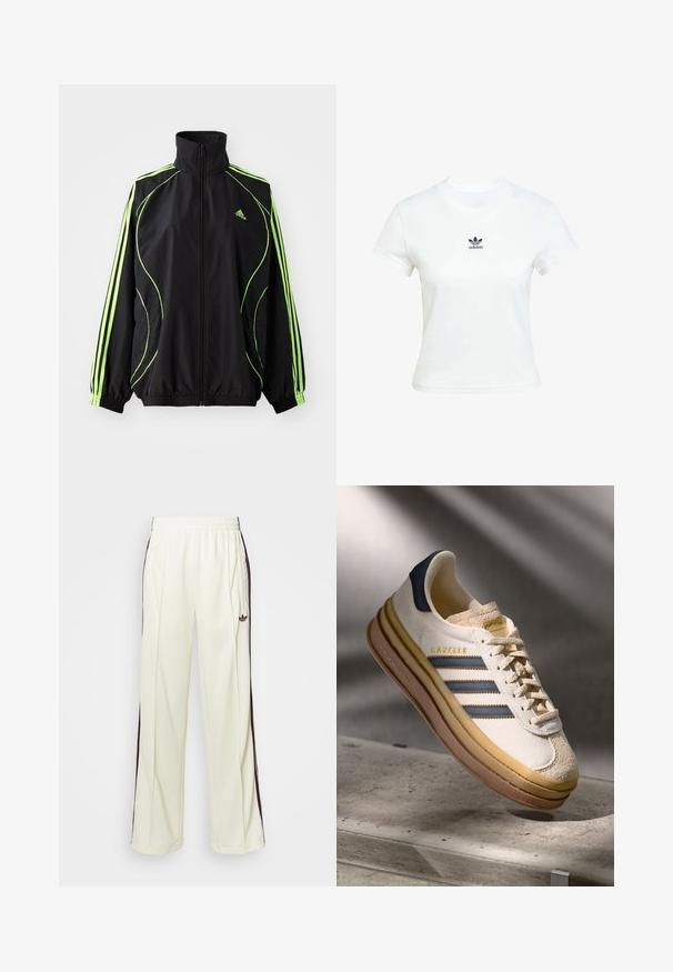 adidas Originals TEAMGEIST ADICOLOR - Mezisezónní bunda - black/signal green; Bílá bavlněná tričko s krátkými rukávy a kulatým výstřihem. Na hrudi se nachází černé logo Adidas. Jednoduchý, minimalistický design.; Krémové tepláky s uvolněným střihem, se šněrováním v tmavě hnědé barvě na bocích a vyšitým logem na levém stehně.; Tenisky Adidas Gazelle s krémovým semišovým svrškem, modrými koženými detaily, třemi modrými pruhy, béžovou mezipodešví a hnědou gumovou podešví.