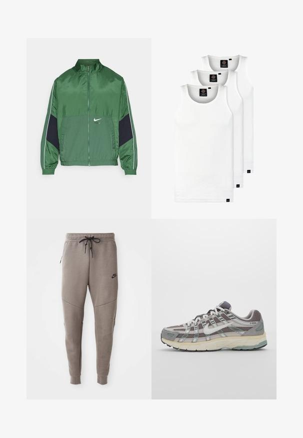 Grøn nylon jakke med lynlås og høj krave, med marineblå detaljer, ribbede manchetter og et lille hvidt logo på forsiden.; Tre hvide ribbede tanktops lavet af bomuld. Har en rund hals og små sorte mærker nær sømmen. Fås i flere størrelser.; Grå Nike joggingbukser med snoretræk i taljen, tapered ben, sidelommer og markante sømdetaljer. Blødt, struktureret stof.; Grå sportssko med overdel i mesh og ruskind, hvide accenter, en polstret sål og et særpræget design med reflekterende elementer.