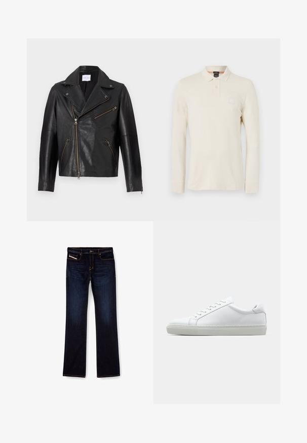 Fekete bőr motorkerékpáros dzseki, kiemelkedő gallérral, aszimmetrikus elülső cipzárral és több cipzáras zsebbel. Texturált felület és testhezálló kialakítás.; Hosszú ujjú pólóing világos bézs színben, sima anyagból készült, polo gallérral, kétgombos gombolással és egy kis logóval a mellrészen.; Sötétkék farmernadrág egyenes lábbal, narancssárga varrással, cipzáras sliccsel és elülső zsebekkel. Simább tapintású és standard derékkal rendelkezik.; Fehér sportcipő sima bőr felső résszel és alacsony profilsal. Kerek orr, hat fűzőlyuk és barázdált gumitalp jellemzi.