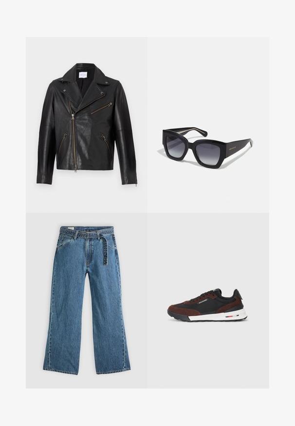 Fekete bőr motorkerékpáros dzseki, kiemelkedő gallérral, aszimmetrikus elülső cipzárral és több cipzáras zsebbel. Texturált felület és testhezálló kialakítás.; Fehér, rövid ujjú pamut póló, kerek nyakkivágással. Az elülső részen finom, domború logós részlet található, valamint egy piros cimke az alsó szegélyen.; Kék farmer széles szárú nadrág, hozzáépített övvel, elülső zsebekkel és látható varrással, sima világos háttéren.; Tommy Hilfiger RETRO RUNNER MIX - Sportcipő - black/cocoa; Fekete, túlságosan nagy napszemüveg geometrikus kerettel, átmenetes lencsékkel és kontrasztos belső kar színnel. A logó a szélen látható.
