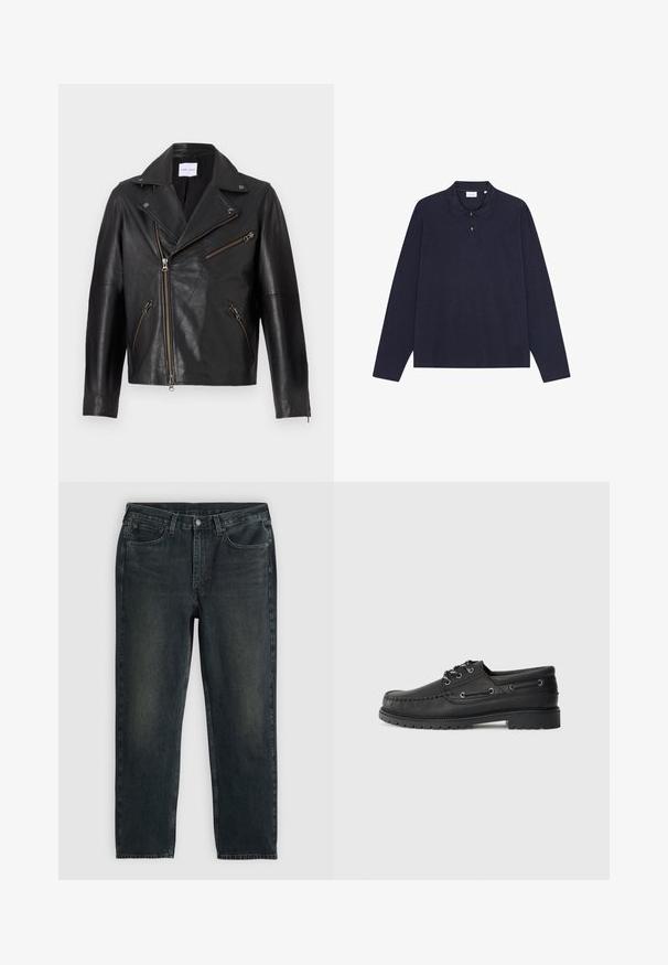 Fekete bőr motorkerékpáros dzseki, kiemelkedő gallérral, aszimmetrikus elülső cipzárral és több cipzáras zsebbel. Texturált felület és testhezálló kialakítás.; Tengerészkék, hosszú ujjú pamut polo ing, gallérral, három gombos záródással és egyszerű textúrával. Nincsenek látható minták vagy kiegészítők.; Sötétkék farmernadrág, egyenes fazonnal, ött zsebbel, cipzáras sliccel és kontrasztos varrással. A szövet enyhe kopása.; Fekete bőr csónakcipő vastag gumitalppal, fűzős elejével és díszítő oldalsó szemekkel, sima világosszürke háttér előtt.