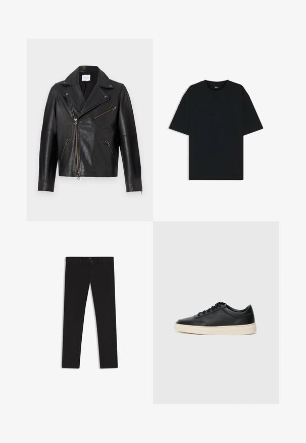 Black leather motorcycle jacket with a notched collar, asymmetric front zipper, and multiple zippered pockets. Textured surface and fitted design.; Black cotton t-shirt with a round neckline and short sleeves. Features a loose fit and a simple design without patterns or accents.; Black trousers made of fabric with a smooth texture. Features a button closure, belt loops, and side pockets. Standard straight-leg design.; Black low-top leather sneaker with black laces and off-white sole shown in side profile on white background.