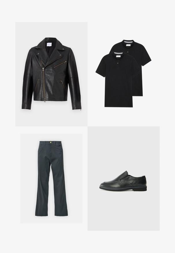 Zwarte leren motorjack met een gekartelde kraag, asymmetrische rits aan de voorkant en meerdere ritszakken. Gekorrelde oppervlakte en aansluitend ontwerp.; Twee zwarte polo shirts, met korte mouwen, van katoen, met een klassieke kraag, een knoopsluiting met twee knopen en witte gestreepte accenten aan de binnenkant van de kraag.; Zwarte broek met een rechte pijp, gemaakt van een katoenmix. Voorzien van een metalen knoopsluiting en zijzakken. Geen zichtbare patronen.; Zwarte leren instapper met een soepele bovenkant, gestikte accenten, ronde neus en een lage rubberen hak. De zool heeft minimale profiel.