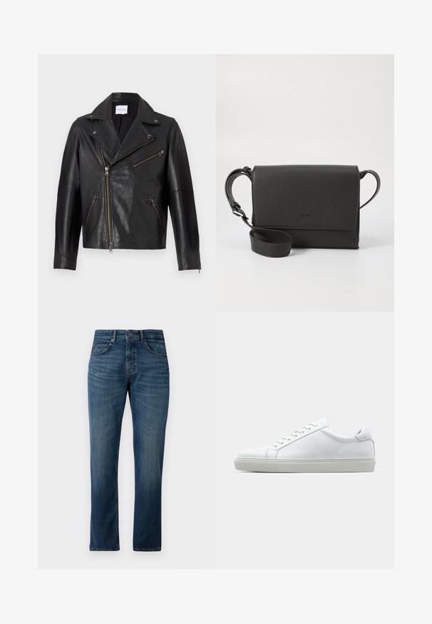 Črna usnjena motoristična jakna z izrezanim ovratnikom, asimetričnim sprednjim zadrgo in več žepi z zadrgo. Teksturirana površina in prilegajoč dizajn.; Bela bombažna srajca z dolgimi rokavi in okroglo ovratnikom, z bočnimi razporki na dnu in gladko teksturo, prikazana s hrbtne strani.; Temne modre kavbojke s ravnim krojem, z obrabljenimi detajli, petimi žepi in sprednjim zapiranjem na gumb in zadrgo.; Bela športna obutev z gladkim usnjenim zgornjim delom in nizkim profilom. Ima zaokrožen nos, šest lukenj za vezalke in teksturiran gumijast podplat.; Črna usnjena torbica čez ramo z teksturirano površino, pravokotne oblike, zapirala na preklop, nastavljivim trakom in diskretnim logotipom.