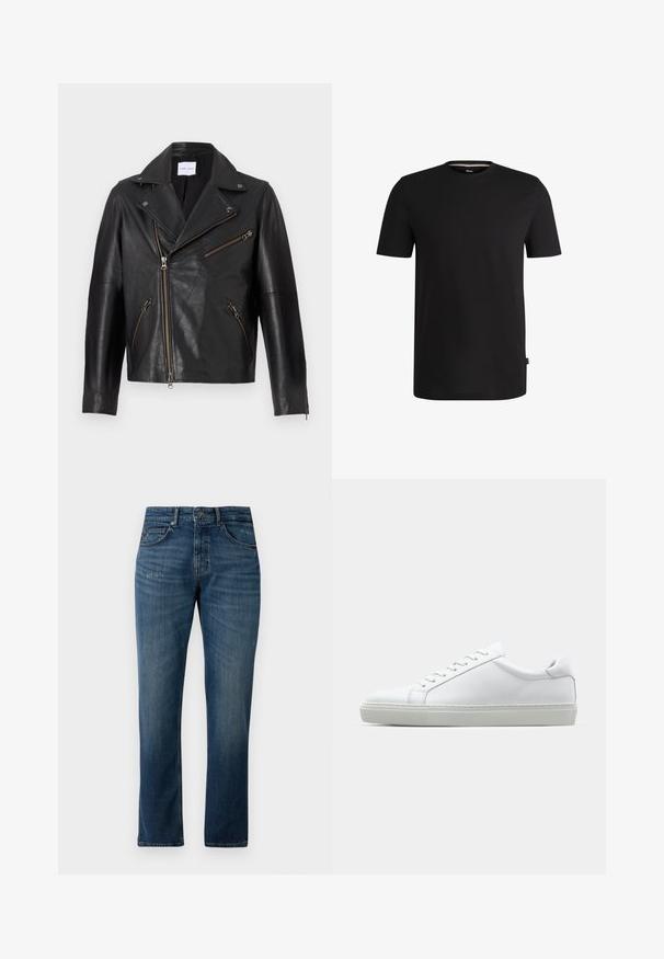 Black leather motorcycle jacket with a notched collar, asymmetric front zipper, and multiple zippered pockets. Textured surface and fitted design.; Black short-sleeve t-shirt made of smooth cotton with a round neckline. Features a subtle brand label on the left side near the hem.; Denim jeans in dark blue with a straight-leg cut, featuring distressed details, five pockets, and a front button closure with zipper.; White sneaker with a smooth leather upper and a low profile. Features a rounded toe, six eyelets, and a textured rubber sole.