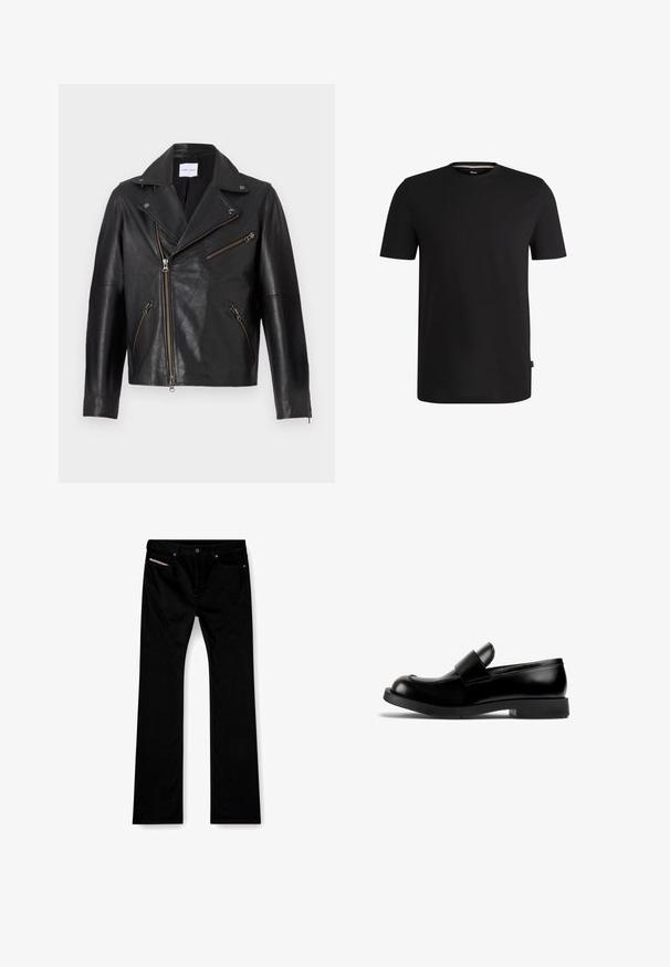 Schwarze Leder-Motorradjacke mit ausgeschnittenem Kragen, asymmetrischem Frontreißverschluss und mehreren Reißverschlusstaschen. Strukturierte Oberfläche und taillierte Passform.; Schwarzes T-Shirt mit kurzen Ärmeln aus weicher Baumwolle und rundem Halsausschnitt. Verfügt über ein dezentes Markenlabel auf der linken Seite nahe dem Saum.; Schwarze gerade Jeans mit vornem Knopf und Reißverschluss, Vorder- und Hintertaschen sowie einem weißen Etikett, das in der rechten Vordertasche sichtbar ist.; Schwarze Lederlofer mit runder Zehenform, flacher Gummisohle und einem auffälligen Riemendetail über dem Vorderblatt. Glatte Textur, minimalistisches Design.