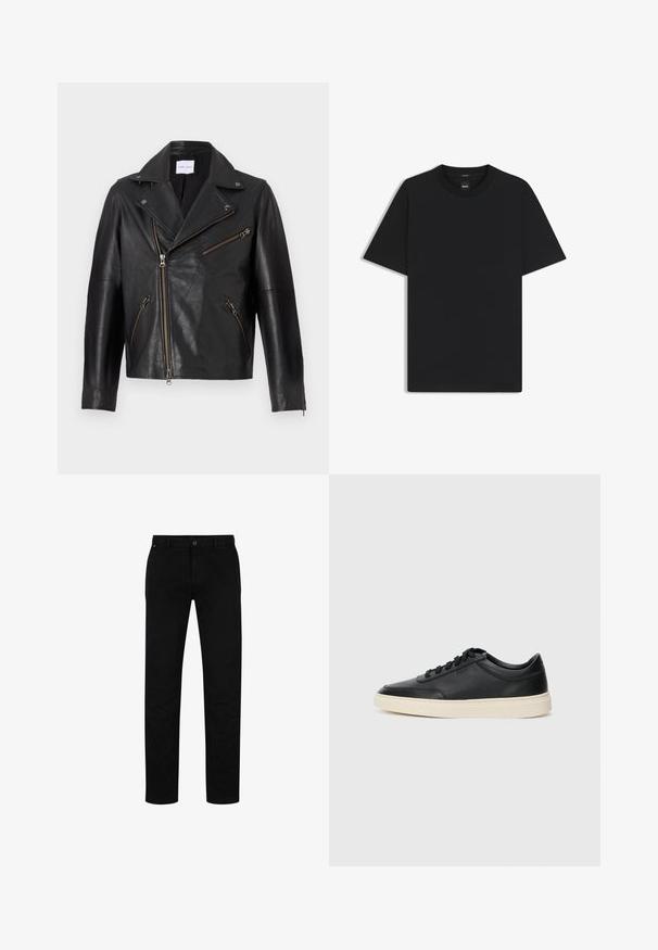 Musta nahkainen moottoripyörätakki, jossa on uurrettu kaulus, epäsymmetrinen etuvetoketju ja useita vetoketjullisia taskuja. Teksturoidut pinnat ja istuva muotoilu.; Musta lyhythiha T-paita, joka on valmistettu sileästä puuvillasekoitteesta. Paita on varustettu pyöreällä pääntiehen ja siinä on minimaalinen muotoilu ilman kuvioita tai yksityiskohtia.; Mustat puuvillahousut suorella leikkauksella, jossa on napitus, vyölenkit ja minimalistinen muotoilu. Silkkinen pinta, ilman kuvioita.; Musta matalavartinen nahkastretchu, jossa on mustat nauhat ja vaaleanharmaa pohja, esitetty sivuprofiilissa valkoista taustaa vasten.