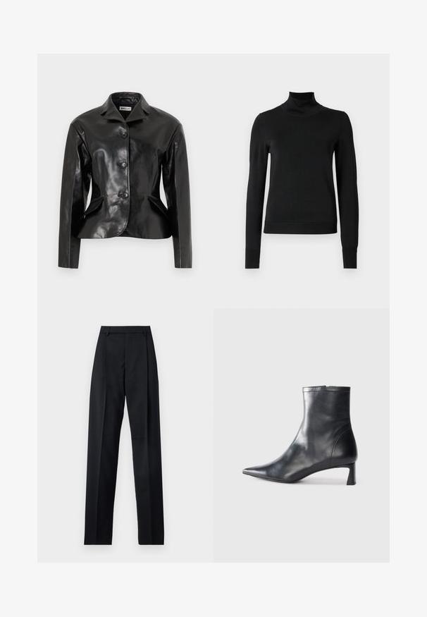 Bally Bőrdzseki - black; Fekete, hosszú ujjú garbós pulóver bordás mandzsettákkal és aljjal, sima fehér háttér előtt bemutatva.; Fekete nadrág sima anyagból, magas derékkal, széles lábakkal, elülső redőkkel és klasszikus övhurkokkal. Oldalzsebek nem láthatók.; Fekete bőr bokacsizma hegyes orral és letisztult dizájnnal. Alacsony sarka és hátsó cipzáras záródása van. Simának tűnő textúra.