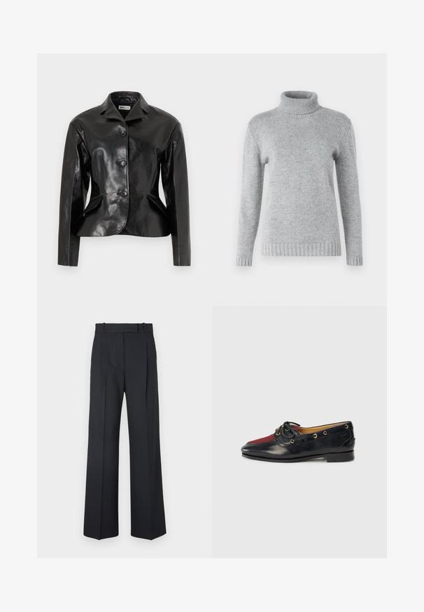 Bally Læderjakker - black; Lys grå rullekrave sweater lavet af blødt strikket materiale, med lange ærmer og ribbet tekstur ved kraven og kanten.; Mørkeblå stribede bukser med høj talje, vidde bendesign og ingen synlig hardware eller dekorationer. Glat tekstur og skræddersyet pasform.; Sorte læder bådsko med en rød ruskindsspidse, gyldne snørehuller og en dekorativ sløjfe. Glat tekstur med en lav blokhæl.