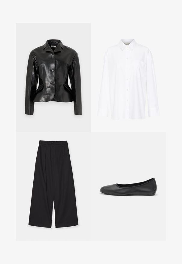 Bally Leren jas - black; Witte lange mouwen overhemd met kraag van katoen. Voorzien van een knoopsluiting aan de voorkant en een enkele borstzak. Een gladde textuur en een ontspannen pasvorm.; Zwarte wijde broekspijp gemaakt van een gladde stof, met een hoge taille, voorplooien, een knoopsluiting en een rechte silhouet.; Zwarte leren ballerina met een ronde neus, gladde textuur, minimale stikdetails en een flexibele zoolontwerp.