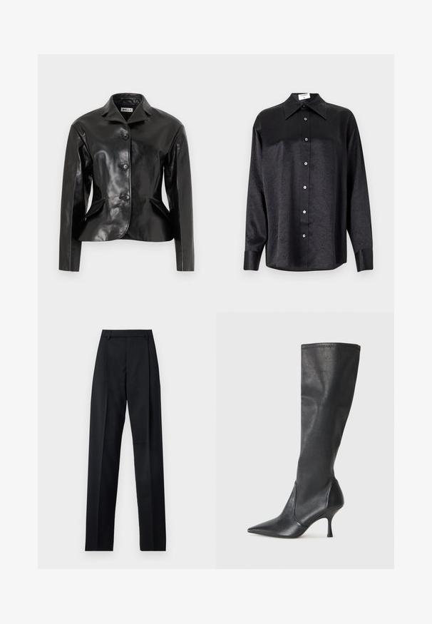 Bally Bőrdzseki - black; Fekete, hosszú ujjú ing, galléros nyakkal, gyűrött textúrával, teljes gombos elejével és mandzsettákkal. Simaságú anyagból készült.; Fekete nadrág sima anyagból, magas derékkal, széles lábakkal, elülső redőkkel és klasszikus övhurkokkal. Oldalzsebek nem láthatók.; Térd fölötti fekete bőr csizmák hegyes orral és karcsú stiletto sarkal. Simább textúrájúak, jól illeszkedő kialakítással és varrással a tetején.