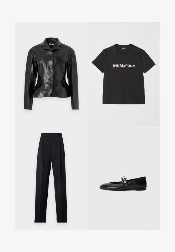 Bally Kožená bunda - black; Čierne bavlnené tričko s krátkymi rukávmi, na prednej strane so potlačou bieleho a šedého dizajnu "THE 2LOOK". Klasický okrúhly výstrih.; Čierne nohavice vyrobené z hladkej látky s vysokým pásom, širokými nohavicami, prednými záhybmi a klasickými pútkami na opasok. Žiadne bočné vrecká nie sú viditeľné.; Čierne kožené baletky s špicatou špičkou, so pásikom s okrúhlou kovovou sponou a plochou podrážkou.