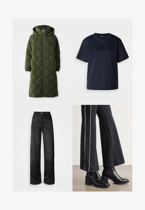 Μακριά, ελαιόχρωμη, καπιτονέ παλτό με κουκούλα, μπροστινό φερμουάρ, χρυσά μεταλλικά στοιχεία, κορδόνια και ελαστικούς μανσέτες. Υφή με διαμαντέ σχέδιο.; Σκουρομπλε κοντομάνικο μπλουζάκι φτιαγμένο από μαλακό βαμβάκι. Διαθέτει στρογγυλή λαιμόκοψη και διακριτό κεντημένο λογότυπο στο στήθος.; Φαρδιά μαύρα τζιν με σχέδιο ζιγκ-ζαγκ στην υφή. Φτιαγμένα από τζιν, διαθέτουν κλείσιμο με κουμπί και δύο μπροστινές τσέπες.; Μαύρες δερμάτινες μπότες μέχρι τον ασρό με τετράγωνη φτέρνα, που διαθέτουν ελαστικές πλάγιες ρίγες. Συνδυασμένες με μαύρο παντελόνι που έχει λευκή πλαϊνή ρίγα.
