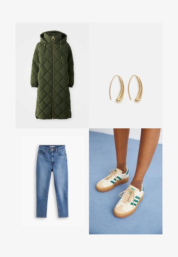 Casaco acolchoado longo em verde oliva, com capuz, fecho de correr frontal, detalhes em dourado, cordões de ajuste e punhos elásticos. Textura em padrão de losangos.; Camisa de algodão branca com decote redondo, mangas curtas, corte reto e textura suave. Sem padrões ou adornos.; Jeans femininos de cintura alta, azuis, com fecho frontal por botão e zíper, passadores de cinto e design de cinco bolsos, em plano sobre fundo branco.; Ténis bege com riscas verde-escuras, sola de borracha, parte superior em camurça e têxtil, e ferragens neutras, combinados com meias castanhas sobre uma superfície azul-clara.; Brincos em metal dourado com forma de arco alongado e curvado. Apresentam uma superfície lisa e brilhante, com uma ponta arredondada para um detalhe adicional.