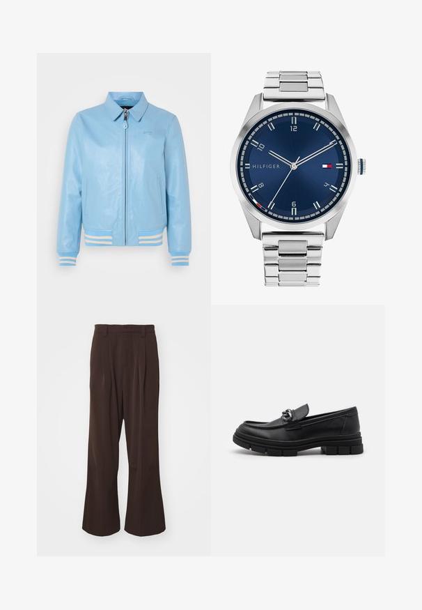 Schott STRIPE - Blouson Bomber - sky/ecru; Deux débardeurs ajustés en noir et blanc. Fabriqués en coton côtelé, ils disposent de larges bretelles et d'un col arrondi. Marque sur le col.; Pantalons évasés marron à taille haute, avec des plis à l'avant et des passants de ceinture, fabriqués dans un tissu lisse et léger.; Mocassin en cuir noir avec un bout arrondi, une lanière décorative et des éléments en métal, et une semelle texturée épaisse. Finition lisse avec des détails subtils.; Montre en métal argenté avec un cadran bleu brossé, des index heures blancs et un affichage de la date. Comprend un bracelet métallique à maillons et le logo de la marque.; Collier en argent avec des maillons épais et un pendentif circulaire central avec des détails complexes. Surface en métal lisse et réfléchissante.