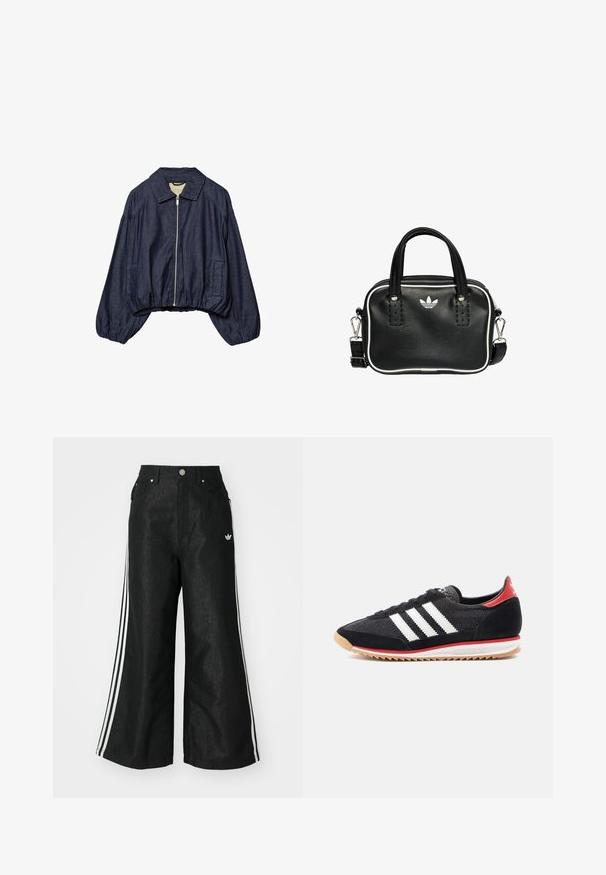 Tamna plava skraćena traper jakna s prednjim zatvaračem, širokim dugim rukavima, ovratnikom te elastičnim rubovima i manžetama.; Set od dvije duge majice s dugim rukavima u bijeloj i crnoj boji. Rebrasta tekstura, okrugli izrez, uski kroj s blago raširenim rukavima.; Crne široke traper hlače s tri bijele pruge sa svake strane i malim bijelim logom. Ima prednje džepove i preklop s gumbom.; Crna atletska cipela s bijelim prugama, detaljima od brušene kože i crvenom petom. Tekstura od mrežastog materijala i gumenim potplatom svijetlosmeđe boje s uzorkom.; Crna kožna torba s dva kratka ručka, srebrnim detaljima, bijelim naglascima i bijelim logotipom. Ima teksturiranu površinu i kompaktni dizajn.