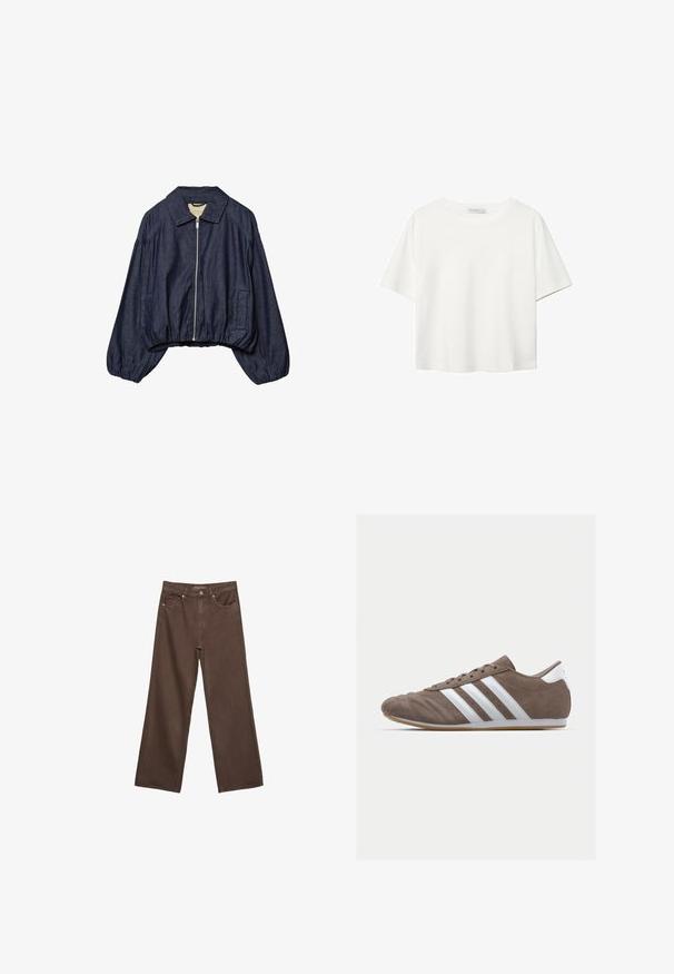 Tamna plava skraćena traper jakna s prednjim zatvaračem, širokim dugim rukavima, ovratnikom te elastičnim rubovima i manžetama.; Bijela majica kratkih rukava od pamuka. Ima okrugli izrez i opušteni kroj. Glatka tekstura bez vidljivih uzoraka ili naglasaka.; Proširene smeđe traperice od denima, s visokim strukom, prednjim džepovima i klasičnom kopčom na dugme. Glatka tekstura s suptilnim šavovima.; Smeđi zamakani sportski tenisice s bijelim prugama, okrugli vrh, vezanje, i potplat od gumene smole. Teksture gornjeg dijela s detaljima šivanja.