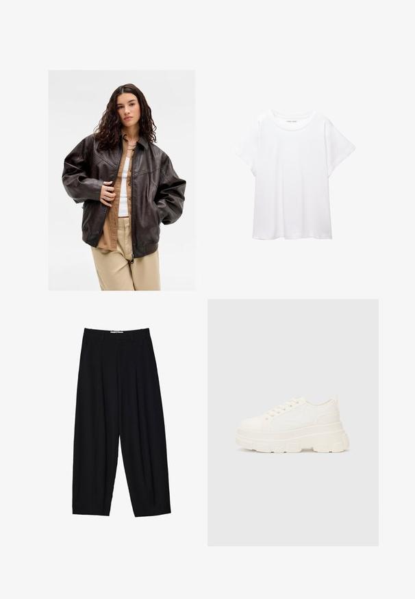 Mlada ženska z dolgimi kodrastimi lasmi, oblečena v temno rjavo usnjeno jakno preko bež srajce in svetlih hlač, stoji ob ozadju brez vzorca.; Bela majica s kratkimi rukavi, izdelana iz mehkega in lahkega blaga. Ima okroglo ovratnico ter kratke, široke rokave z udobnim krojem. Brez vidnih vzorcev.; Črne široke hlače iz lahkega materiala z naprsnimi gubami, klasičnim pasom in stranskimi žepi. Gladko teksturo.; Bela platnena teniska z debelim podplatom, okroglo konico in petimi luknjicami za vezalke. Zadaj je dodana zanka za enostavno obuvanje. Gladka tekstura, minimalistična zasnova.