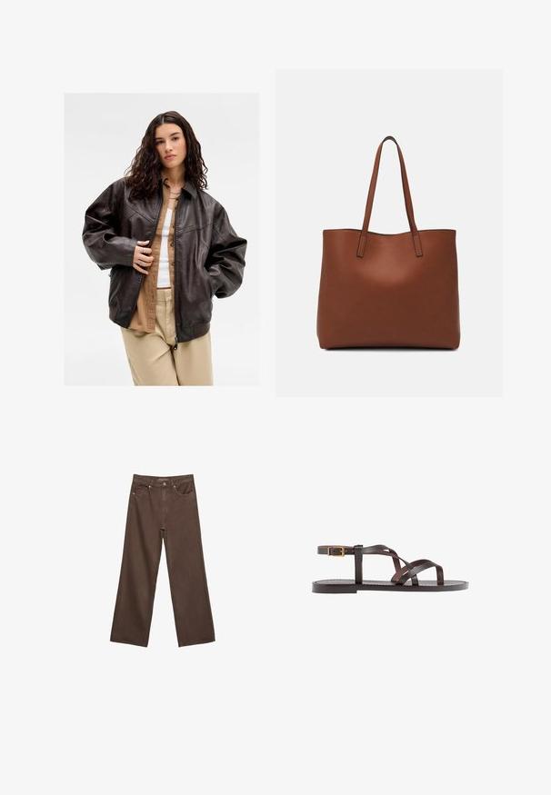 Mlada žena s dugom kovrčavom kosom nosi tamnosmeđu kožnu jaknu preko bež majice i svijetlih hlača, stojeći protiv jednostavne pozadine.; Smeđi kratki rukav majica od mekog materijala, s okruglim izrezom i opuštenim krojem. Nema vidljivih uzoraka ili naglasaka.; Proširene smeđe traperice od denima, s visokim strukom, prednjim džepovima i klasičnom kopčom na dugme. Glatka tekstura s suptilnim šavovima.; Smeđe kožne sandale s iskrižanim trakama, umetkom za zapešće s kopčanjem i ravnim potplatom s minimalnim detaljima šivanja.; Smeđa kožna torba preko ramena s glatkom teksturom, otvorenim vrhom i dvjema naramenicama. Ima minimalne šavove i nema vidljivog hardvera.