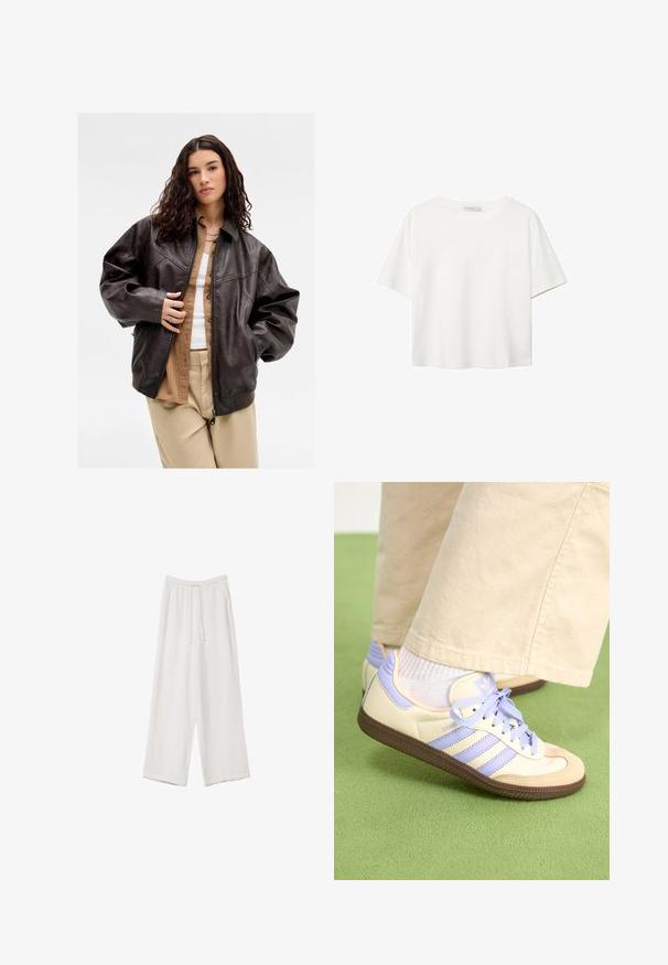 Mladá žena s dlhou kučeravou vlasmi, oblečená v tmavo hnedej koženej bunde cez béžovú košeľu a svetlé nohavice, stojaca pred jednoduchým pozadím.; Biela krátkopsová tričko vyrobené z bavlny. Má okrúhly výstrih a voľný strih. Hladká textúra bez viditeľných vzorov alebo akcentov.; Biele široké nohavice vyrobené z ľahkej tkaniny. Obsahujú elastický pás so sťahovacou šnúrkou a bočné vrecká. Hladká textúra.; Krémovo-fialové tenisky so tromi pruhmi a štruktúrovanou hnedou podrážkou, s šnúrkami a polstrovaným opätkom. Mäkký textilný zvršok.