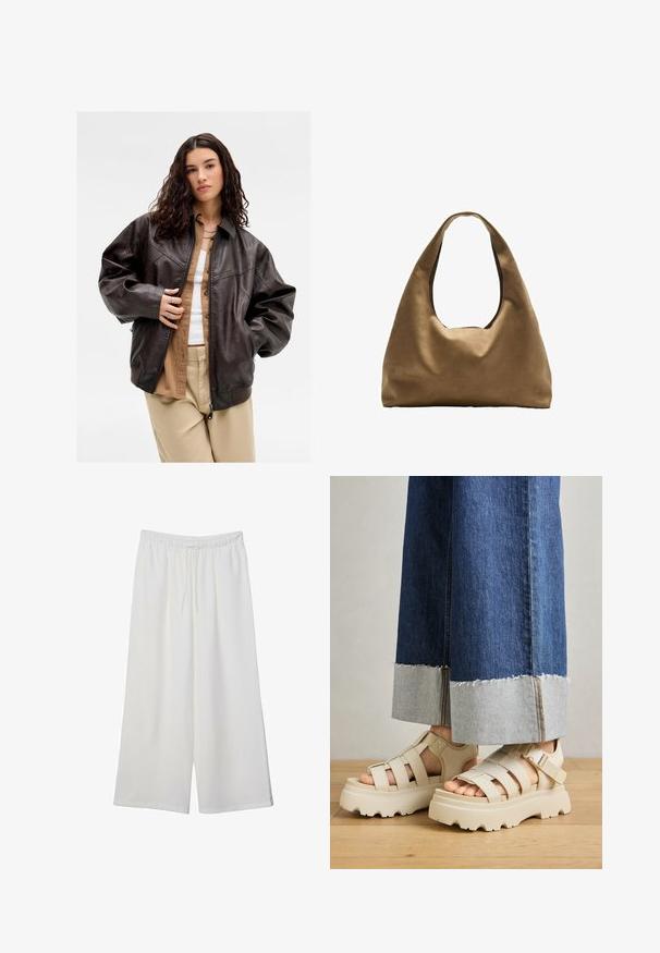 Mladá žena s dlouhými kudrnatými vlasy, oblečená v tmavě hnědé kožené bundě přes béžovou košili a světlé kalhoty, stojící na jednobarevném pozadí.; Bílý krátký rukáv tričko vyrobené z bavlny. Má kulatý výstřih a volný střih. Hladký materiál bez viditelných vzorů nebo akcentů.; Bílé kalhoty s širokými nohavicemi vyrobené z lehké tkaniny, s elastickým pasem a stahovací šňůrkou pro nastavitelnou velikost. Hladká textura.; Béžové platformové sandály s tlustými podešvemi mají páskový design a nastavitelné kotníkové pásky. Jsou nošeny s širokými džínovými kalhotami, přičemž jedna nohavice je roztrhaná.; Hnědá textilní taška přes rameno s širokým, zaobleným tvarem a velkým výřezem na rukojeť. Měkká textura, minimalistický design a žádné viditelné kovové prvky.